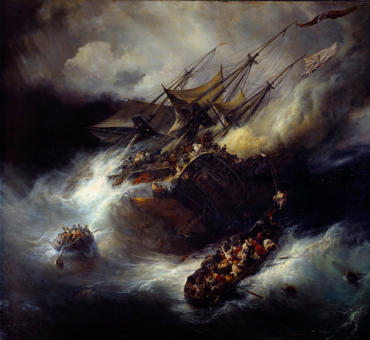 Brand från Kent Sjunkande av en båt (1800). Målning av Theodore Gudin (1802-1880) av Jean Antoine Theodore Gudin