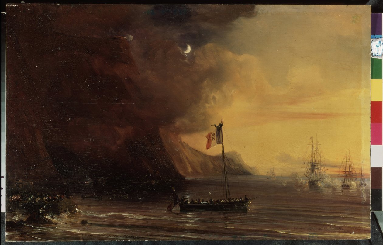 ""Repatrieringen av Napoleon I:s kropp till Frankrike från ön Sainte-Helene (Sainte Helene) i december 1840 ombord på La Belle Poule"" (Transport med Napoleons kropp på väg från Saint Helena-ön tillbaka till Frankrike i 1840) Målning av Theod av Jean Antoine Theodore Gudin