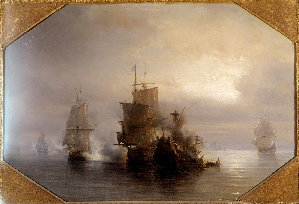 Sjöstrid av riddaren Marc-Antoine de Saint-Pol Hecourt (1665-31 oktober 1705), 31/10/1705 Han gav sitt namn till den närliggande staden Saint-Pol-sur-Mer (Saint Paul sur mer). Målning av Theodore Gudin (1802-1880) 1800-talet. Paris, Musee de la Marine av Jean Antoine Theodore Gudin