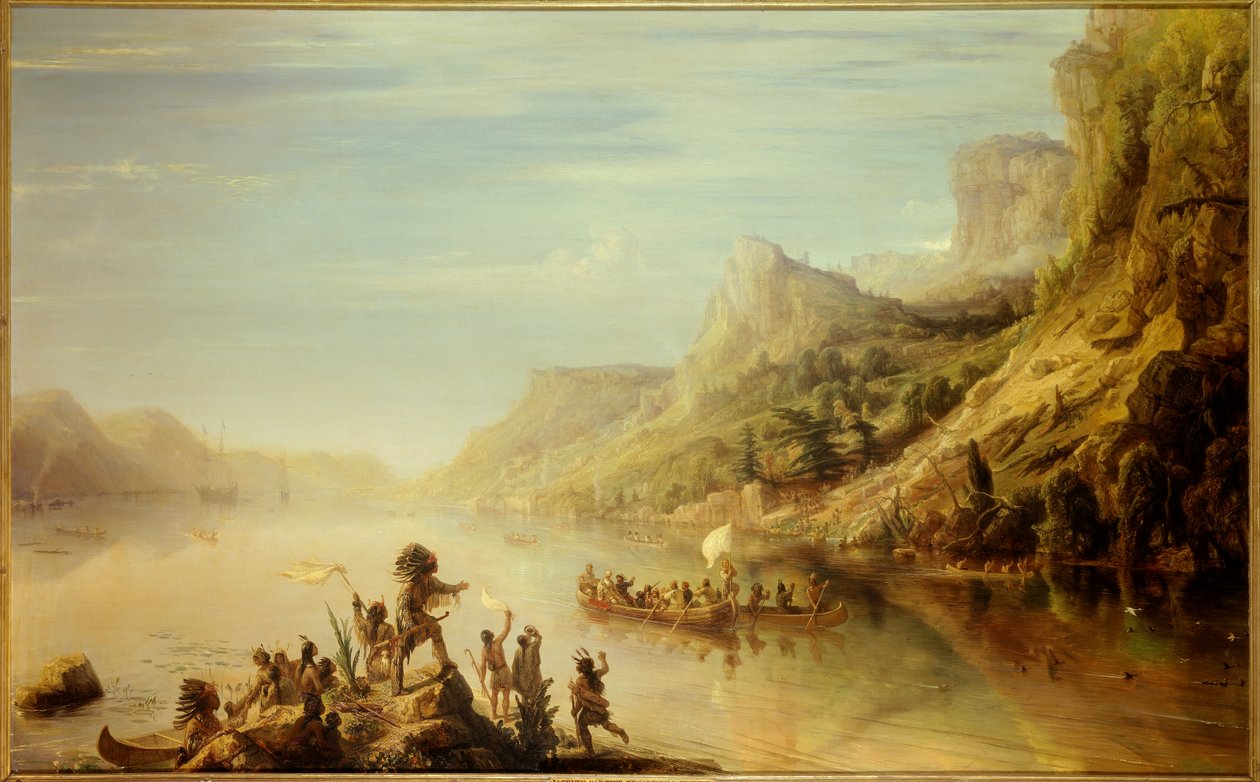 den franske upptäcktsresanden Jacques Cartier (1491- 1557) upptäckte och klättrade på St. Lawrencefloden i Kanada 1535. Målning av Jean Antoine Theodore Gudin (1802-1880) av Jean Antoine Theodore Gudin