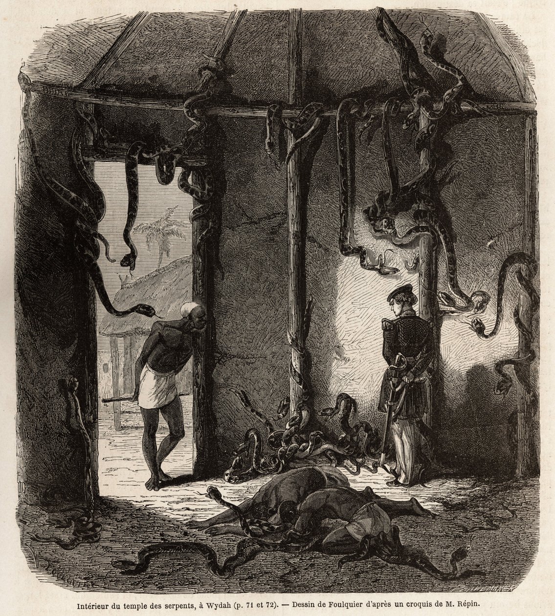 Inuti fetischormarnas tempel, i Wydah, i Dahomey (nuvarande Benin), teckning av Jean Antoine Foulquier (1822-1896), för att illustrera Dr Repins resa till Dahomey 1860. Gravyr i "" Le tour du monde" ”, redigerad av Edouard Charton av Jean Antoine Valentin Foulquier
