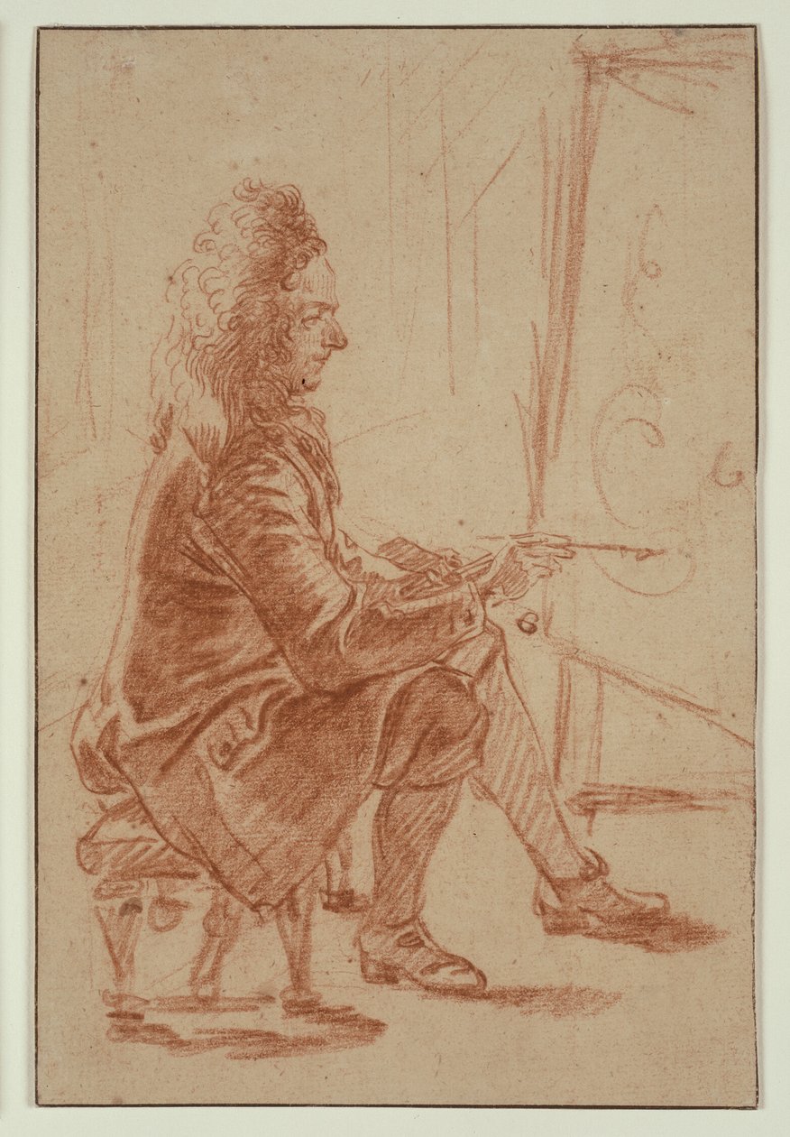 En målare (möjligen Claude Audran), sittande vid sin staffli, sedd i profil av Jean Antoine Watteau