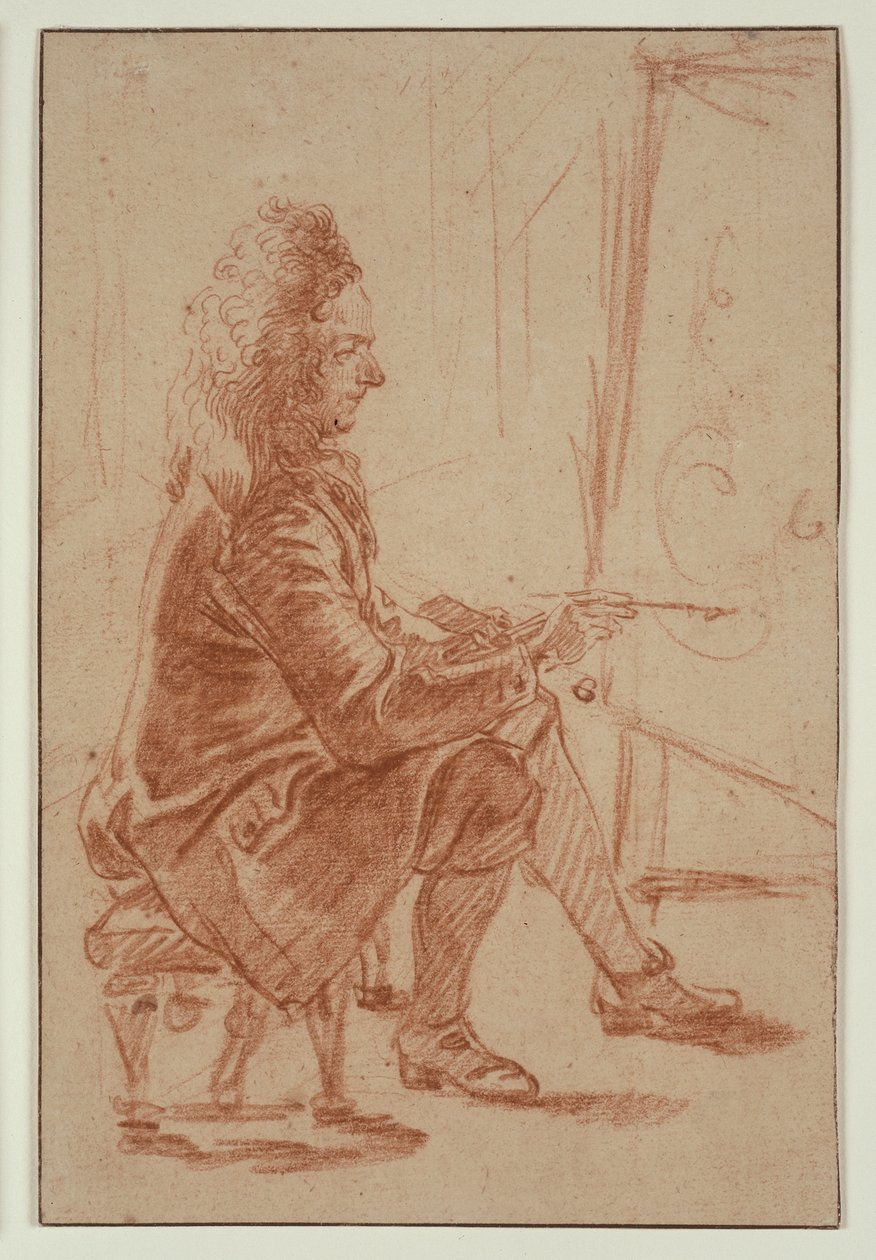 En beckmönstrad målare (möjligen Claude Audran), ca 1709 (rödkrita på buffertpapper, lagd på krämfärgat kort) av Jean Antoine Watteau