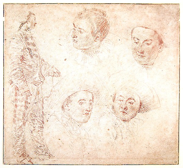 En karaktär och fyra huvuden (röd krita på papper) av Jean Antoine Watteau