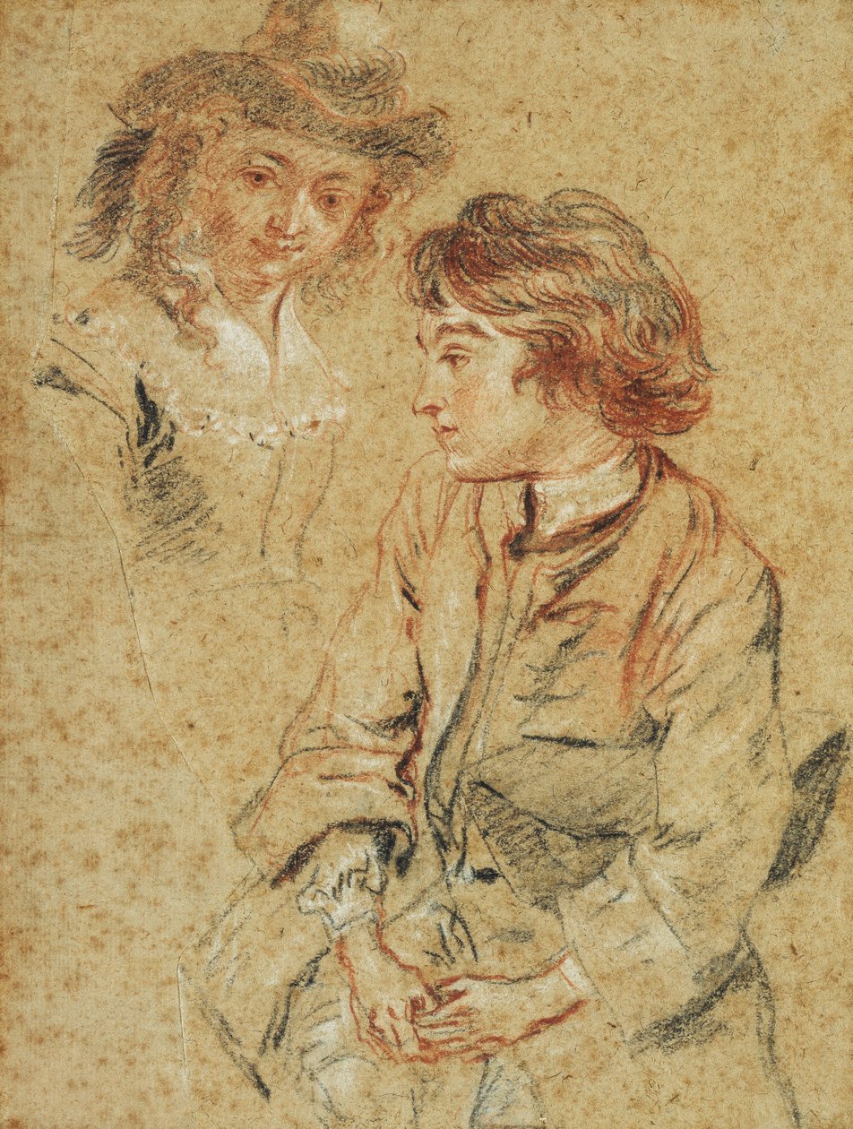 En sittande ung man, tre fjärdedels lång, med sin hatt, ca 1717 av Jean Antoine Watteau
