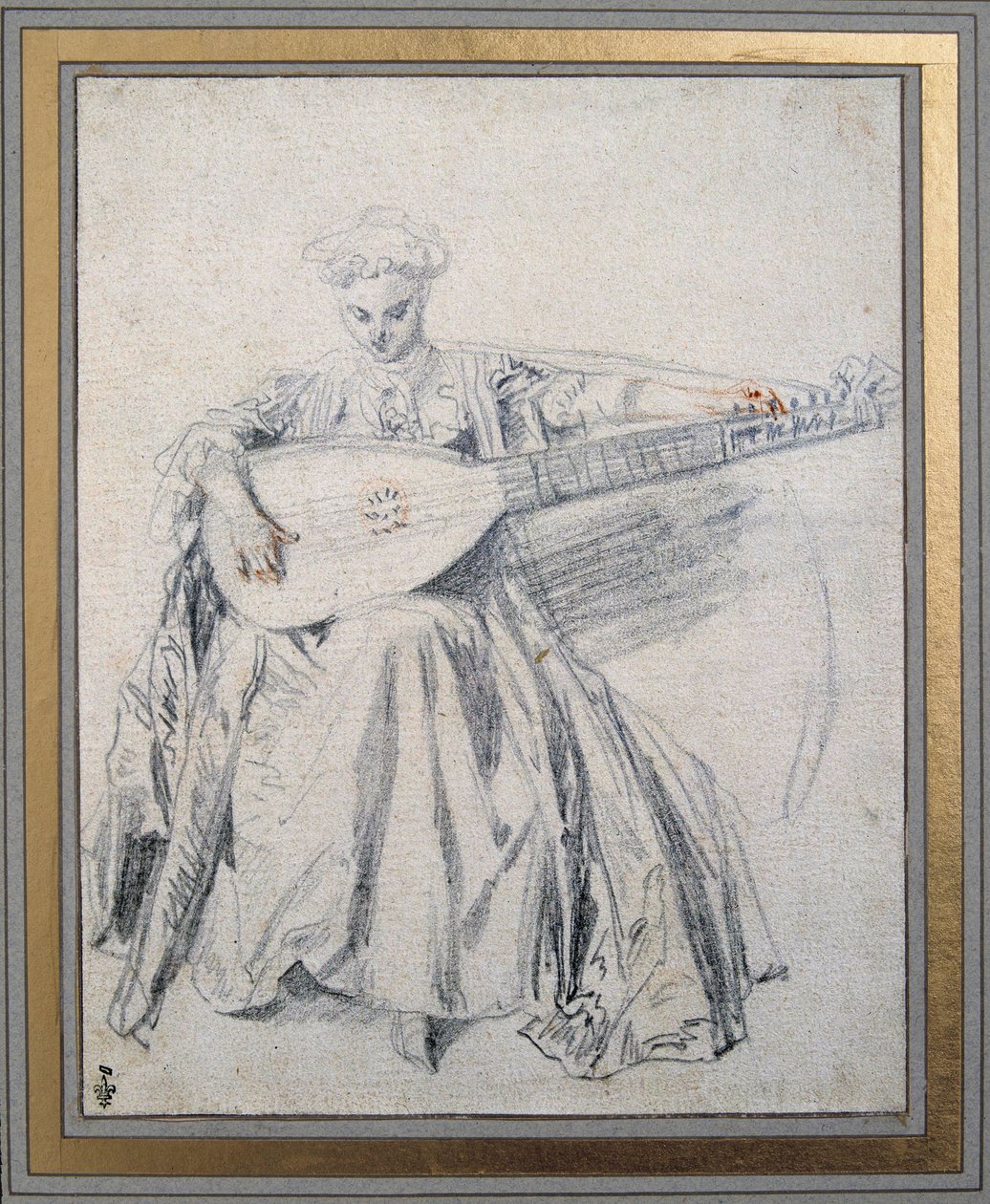 En lutspelare som ritar en blymina och blod av Jean Antoine Watteau (1684-1721) Chantilly-museet Conde från 1700-talet av Jean Antoine Watteau