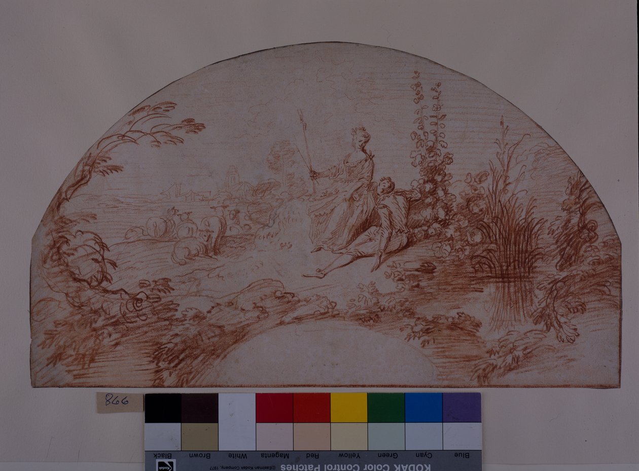 En herdinna sitter med sin svan (röd krita på vitt papper) av Jean Antoine Watteau