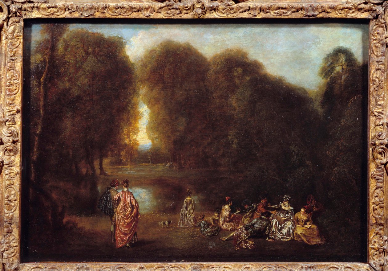 Monterad i en park Målning av Jean Antoine Watteau (1684-1721) av Jean Antoine Watteau