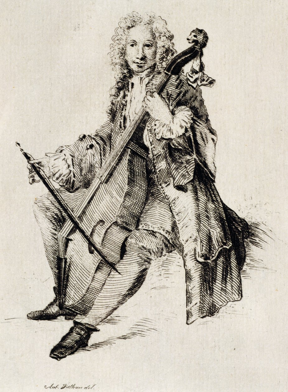 Cellospelare, av Jean Antoine Watteau (1684-1721), gravyr, Frankrike av Jean Antoine Watteau