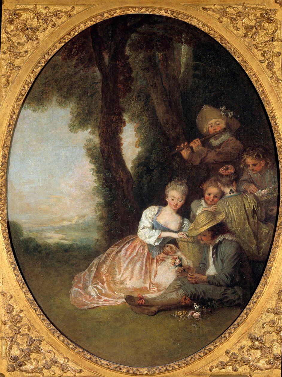 Champetre-konsert eller "" Den förväntade deklarationen"". Ungt förälskat par rodnar. Rokokomålning av Jean Antoine Watteau (1684-1721) av Jean Antoine Watteau