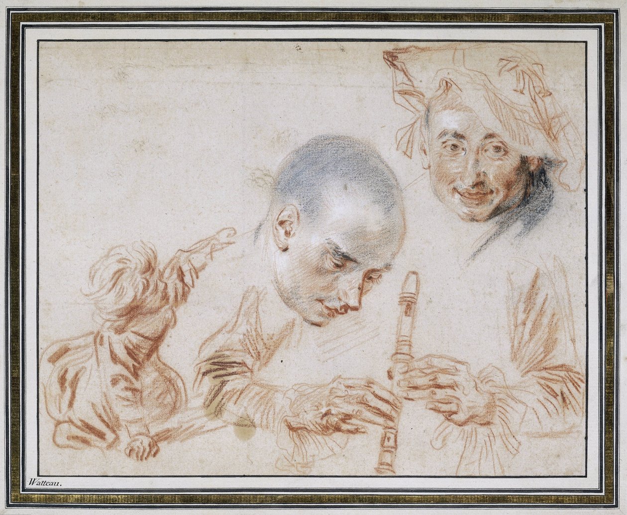 Hukande barn, två manliga huvuden, en bär basker, armar och händer på en blockflöjt av Jean Antoine Watteau