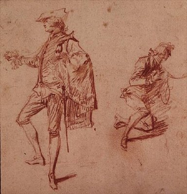 Teckning av en ung man som står och en annan på knä (krita papper) av Jean Antoine Watteau