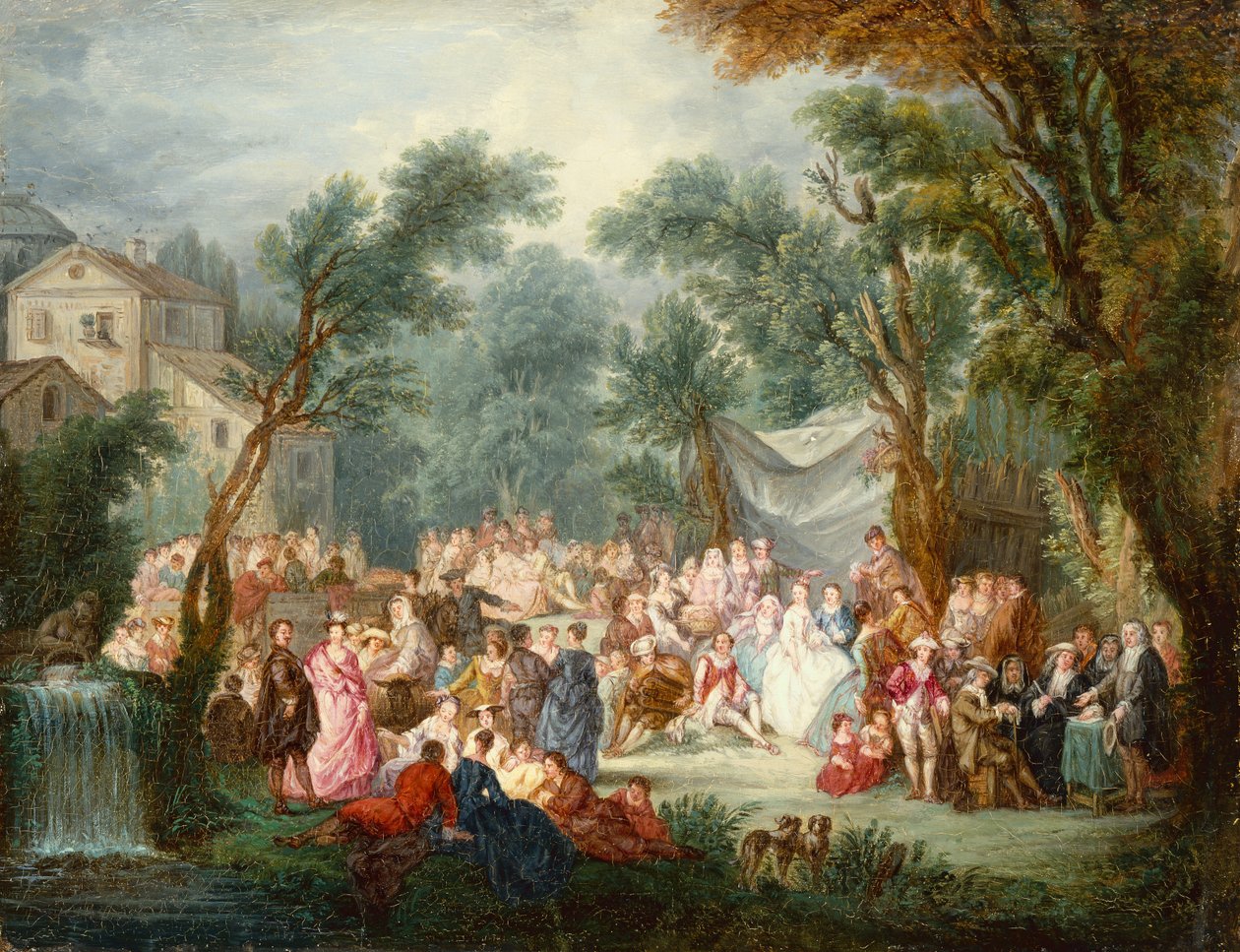 Elegant företag, utanför dörren med ankomsten av brudparet (olja) av Jean Antoine Watteau
