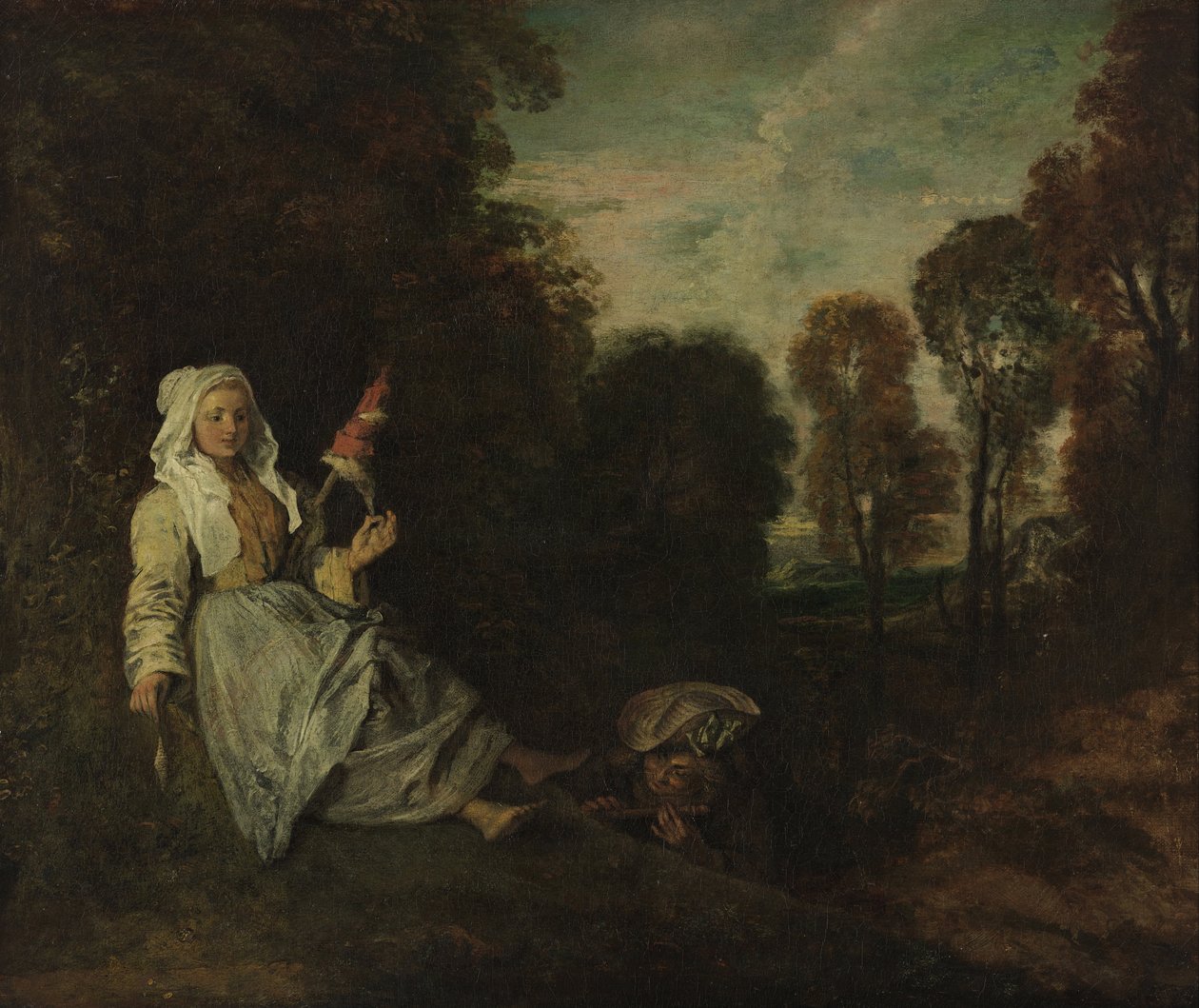 Kvällslandskap med spinnare av Jean Antoine Watteau