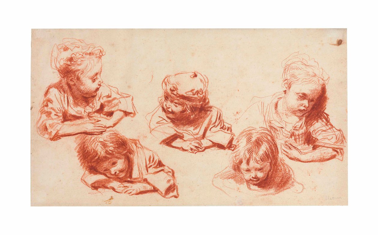 Fem studier av barn (röd krita på papper) av Jean Antoine Watteau