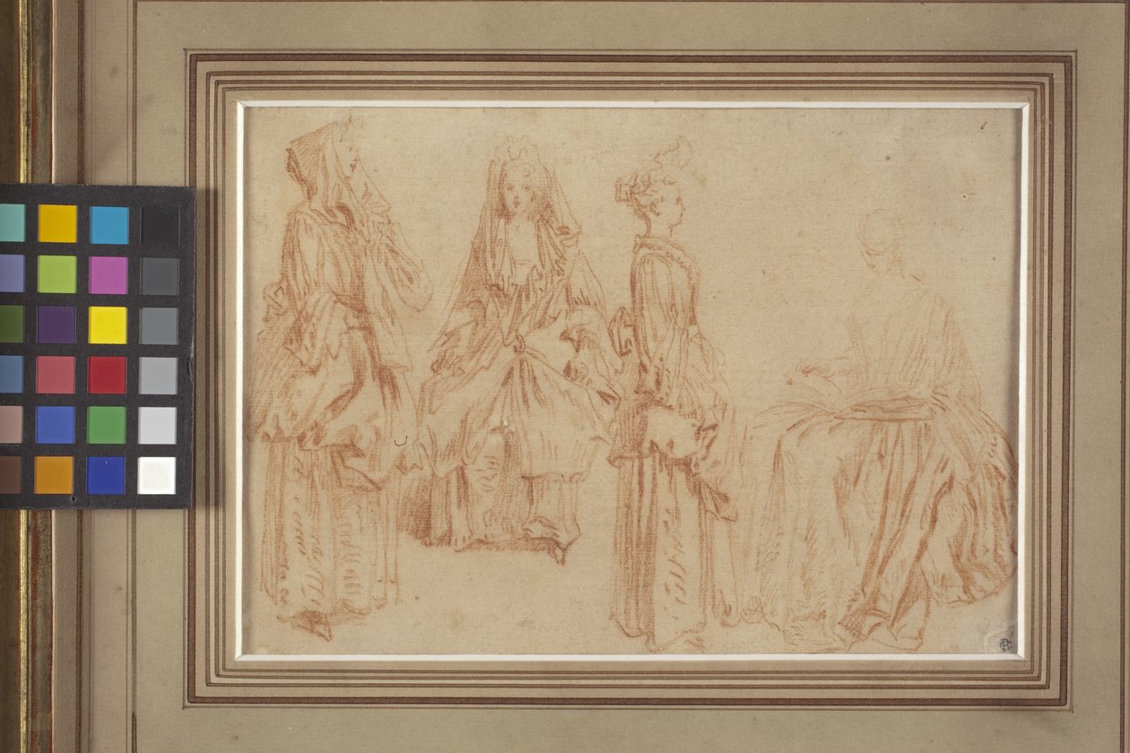 Four Ladies (röd krita (sanguine) på papper) av Jean Antoine Watteau