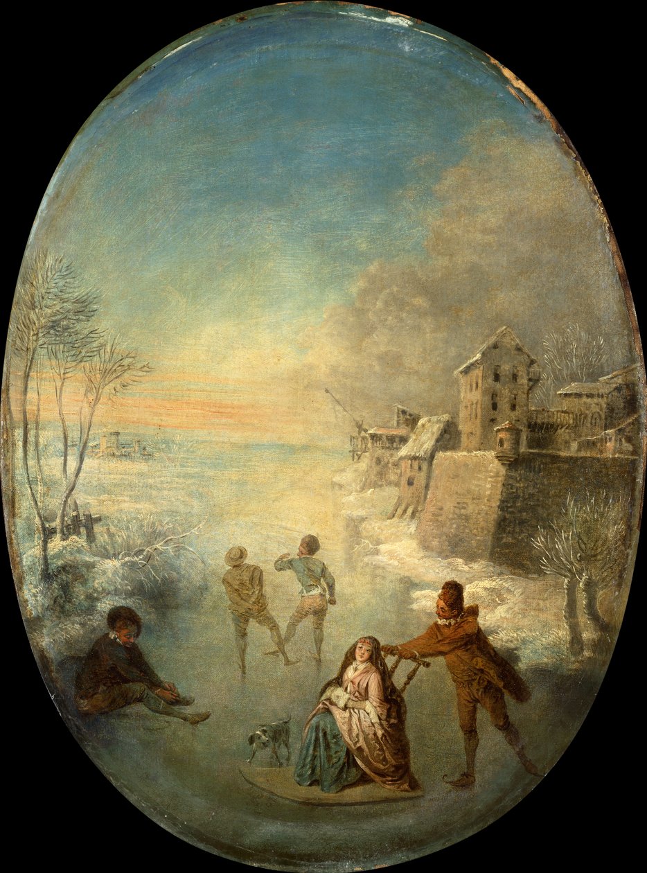 Gentlefolk på isen vid en muromgärdad stad på vintern (olja) av Jean Antoine Watteau