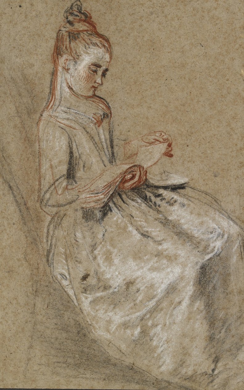 Flicka sitter med en musikbok i knät (svarta, röda och vita kritor på brunt papper med grov textur) av Jean Antoine Watteau