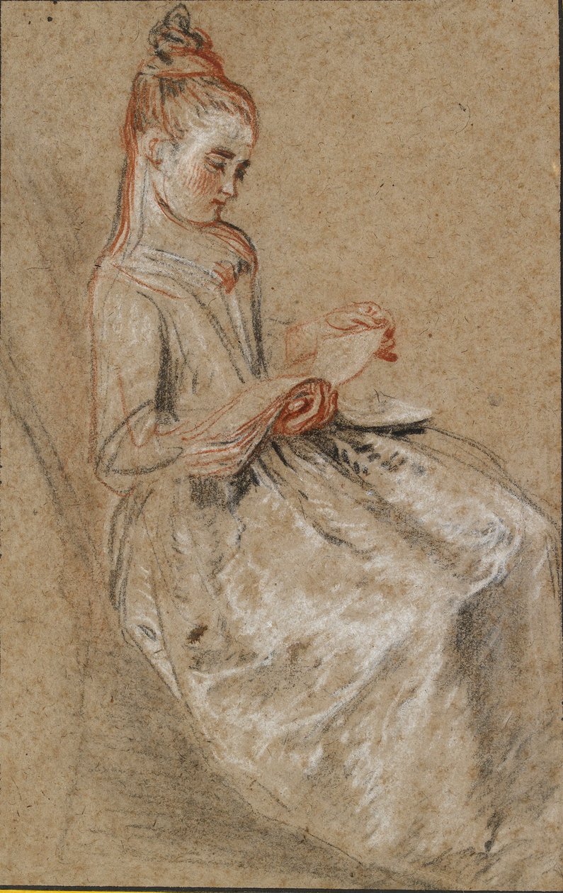 Flicka sittande med en musikbok i knät, tidigt 1700-tal av Jean Antoine Watteau