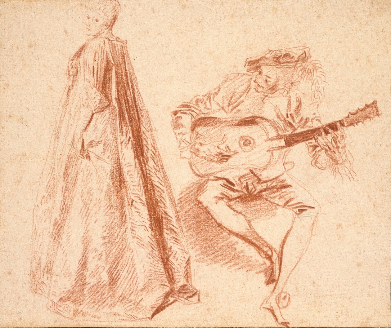 Flicka som står i profil till vänster, med en man, spelar gitarr, tidigt 1700-tal av Jean Antoine Watteau