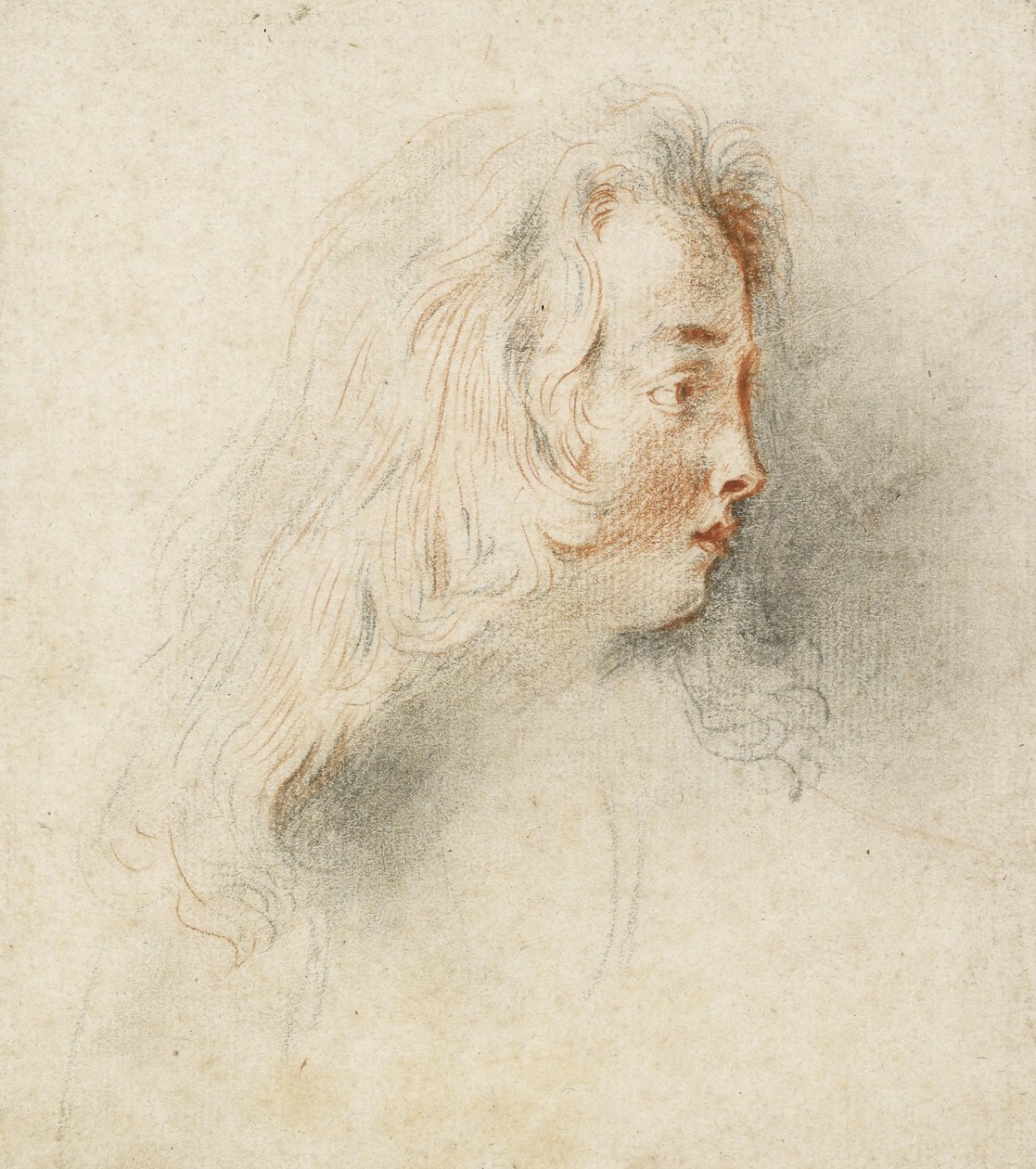 Huvudet av en pojke i profil (svart & röd krita på fläckigt off-white papper) av Jean Antoine Watteau