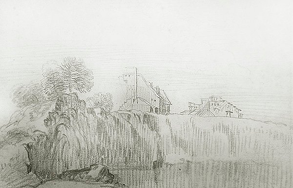 House on the Edge of a Steep Cliff (rödkrita på papper) av Jean Antoine Watteau