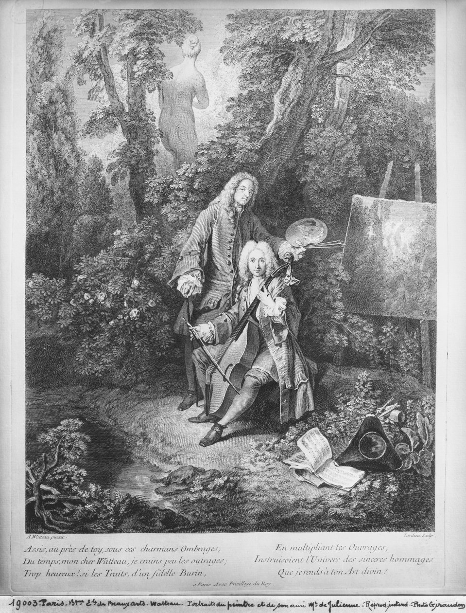 Jean Antoine Watteau och hans vän Monsieur de Julienne, graverad av Nicolas Henri Tardieu (1674-1749) av Jean Antoine Watteau