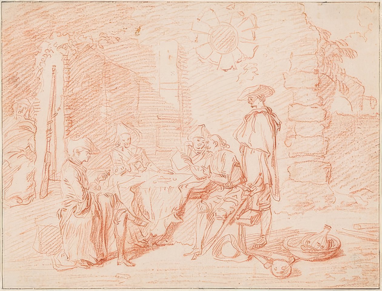 Soldater spelar kort framför en vägg. 1709/10 av Jean Antoine Watteau