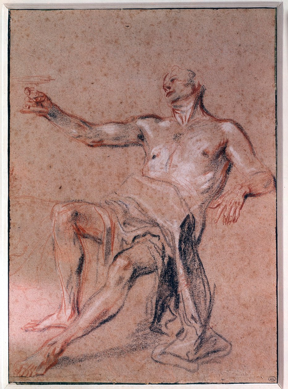 Man Naken Blyertsteckning av Jean Antoine Watteau (1684-1721) 1700-talets Paris, Louvren av Jean Antoine Watteau