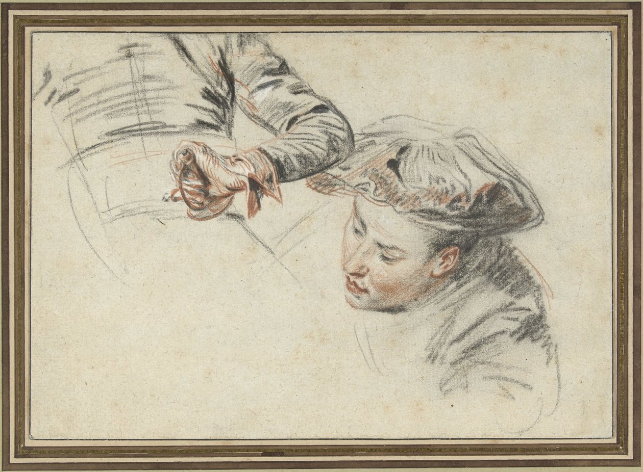 Mans huvud med basker och en hand på ett handtag av Jean Antoine Watteau