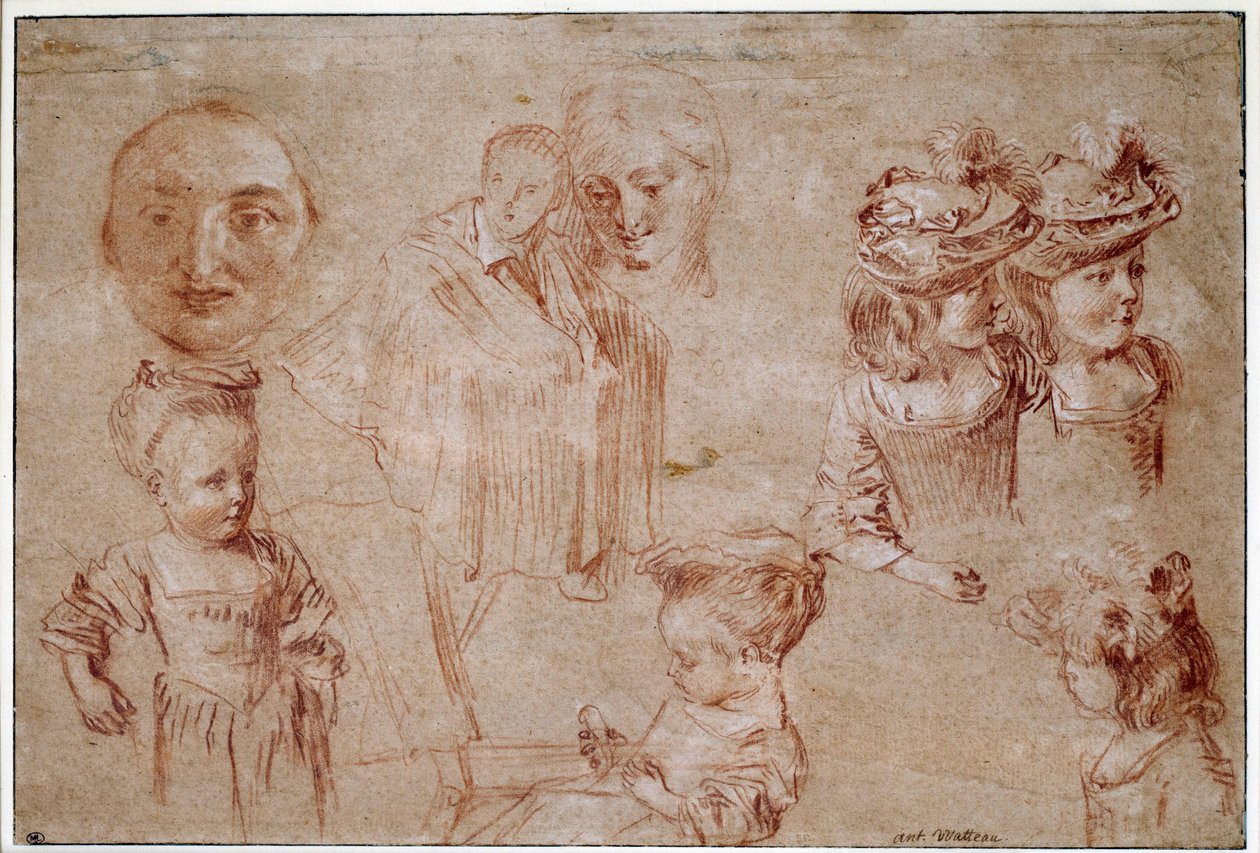 Pierrots mask, fem flickor i byst, en mandrapering och en kvinnas ansikte. Att rita en blod och krita häckar av Jean Antoine Watteau (1684-1721) 1700-talets sön. 0,27x0,4 m Paris, Louvren av Jean Antoine Watteau