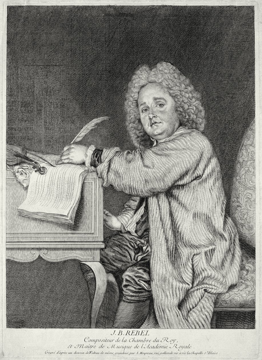 Porträtt av Jean-Ferry Rebel (1666-1747) graverad av Moyreau av Jean Antoine Watteau