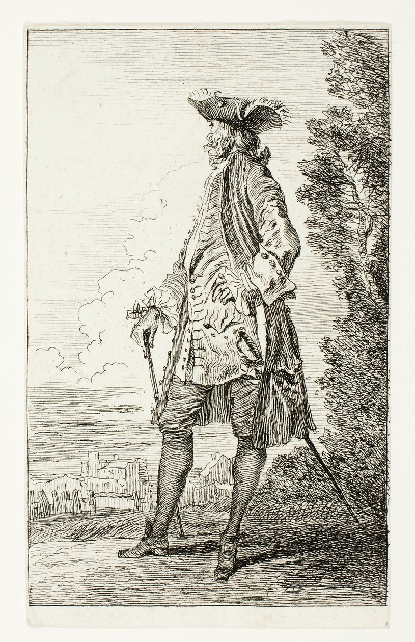 Stående man med hatt, vänd åt vänster, från Figures de Modes av Jean Antoine Watteau