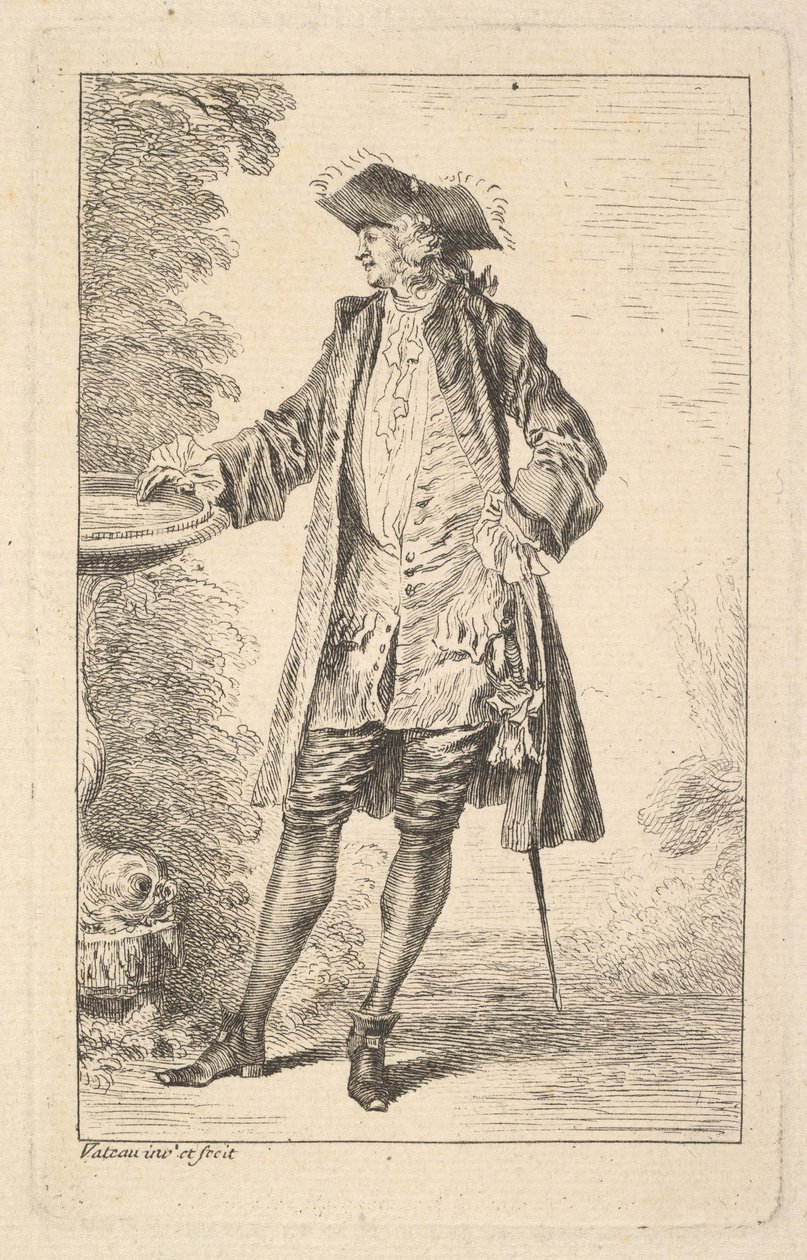 Stående man med höger hand vilande på en bassäng, visad i trekvartsvy med..., ca. 1710. av Jean Antoine Watteau