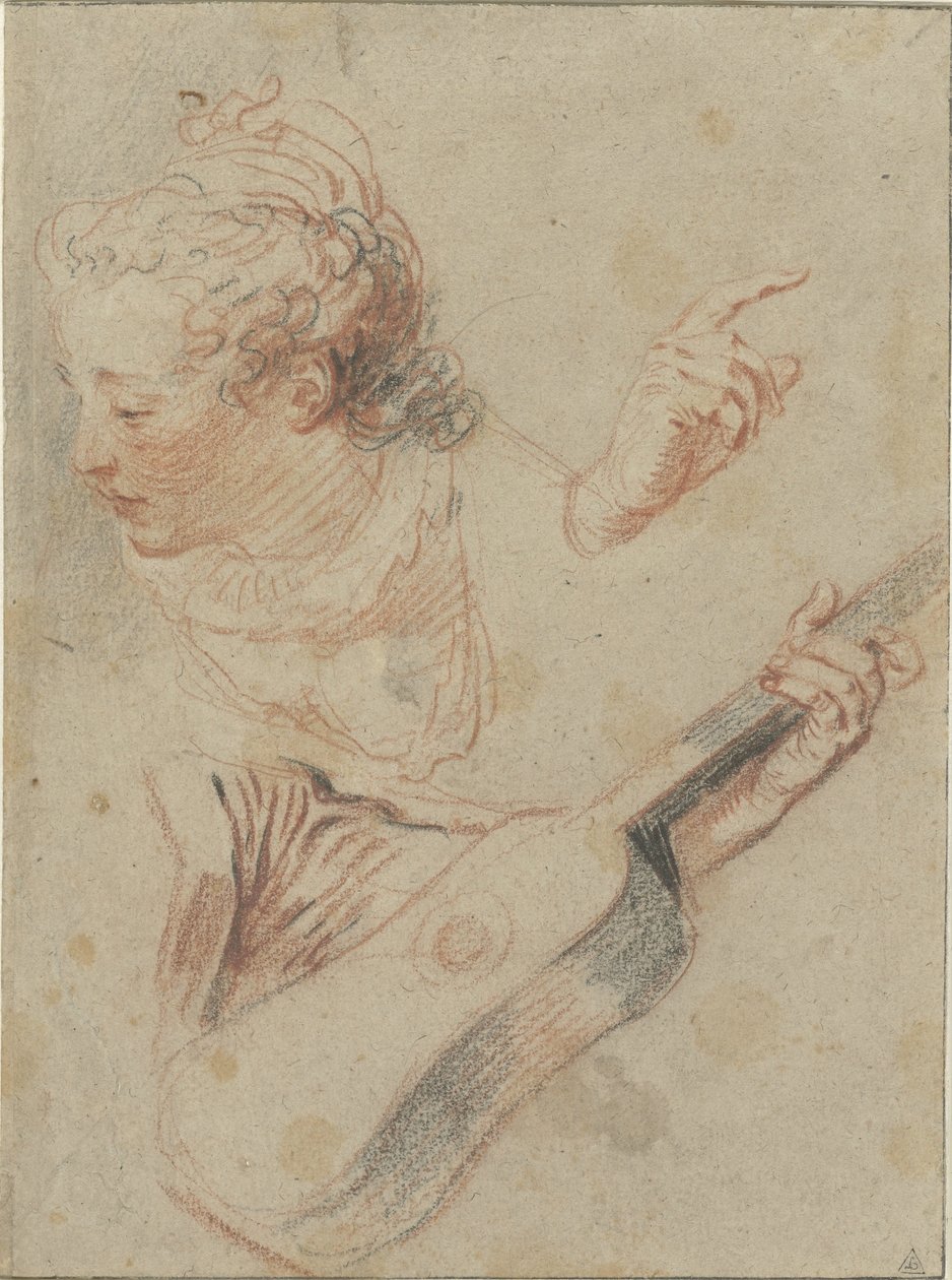 Studieark med ett nedslaget flickhuvud, en gitarr och händerna som spelar dem av Jean Antoine Watteau