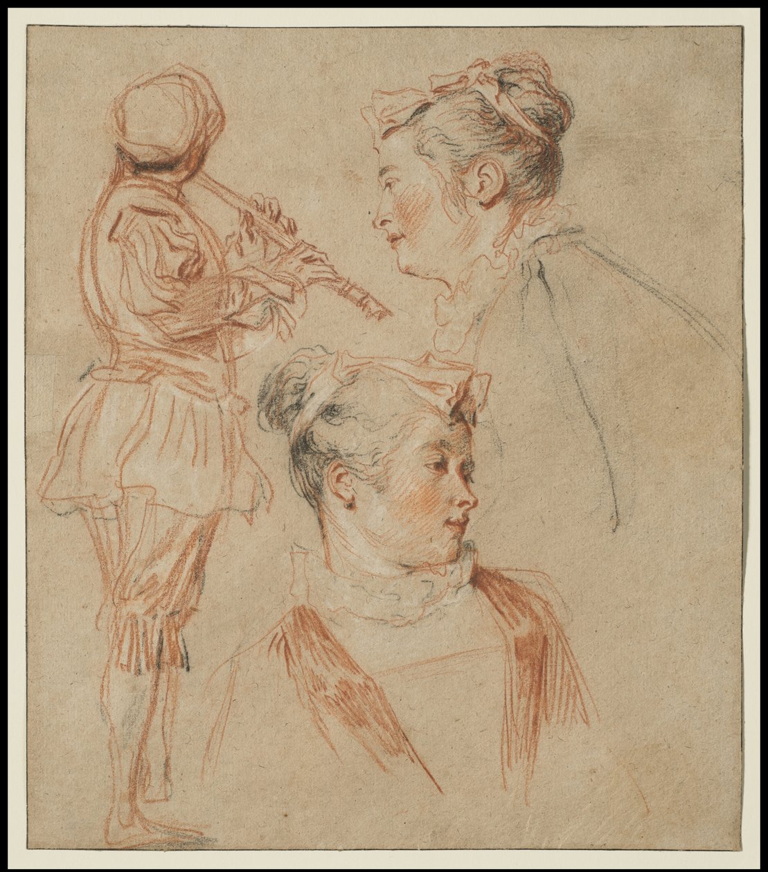 Studier av en flöjtist och två kvinnor, c.1717 av Jean Antoine Watteau