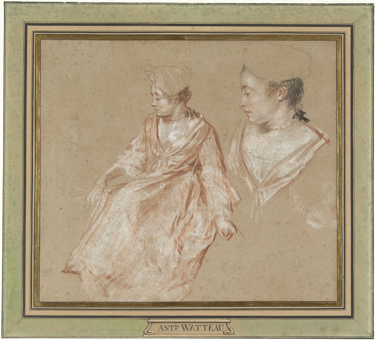 Studier av en sittande kvinna och en detalj av hennes huvud och axlar av Jean Antoine Watteau