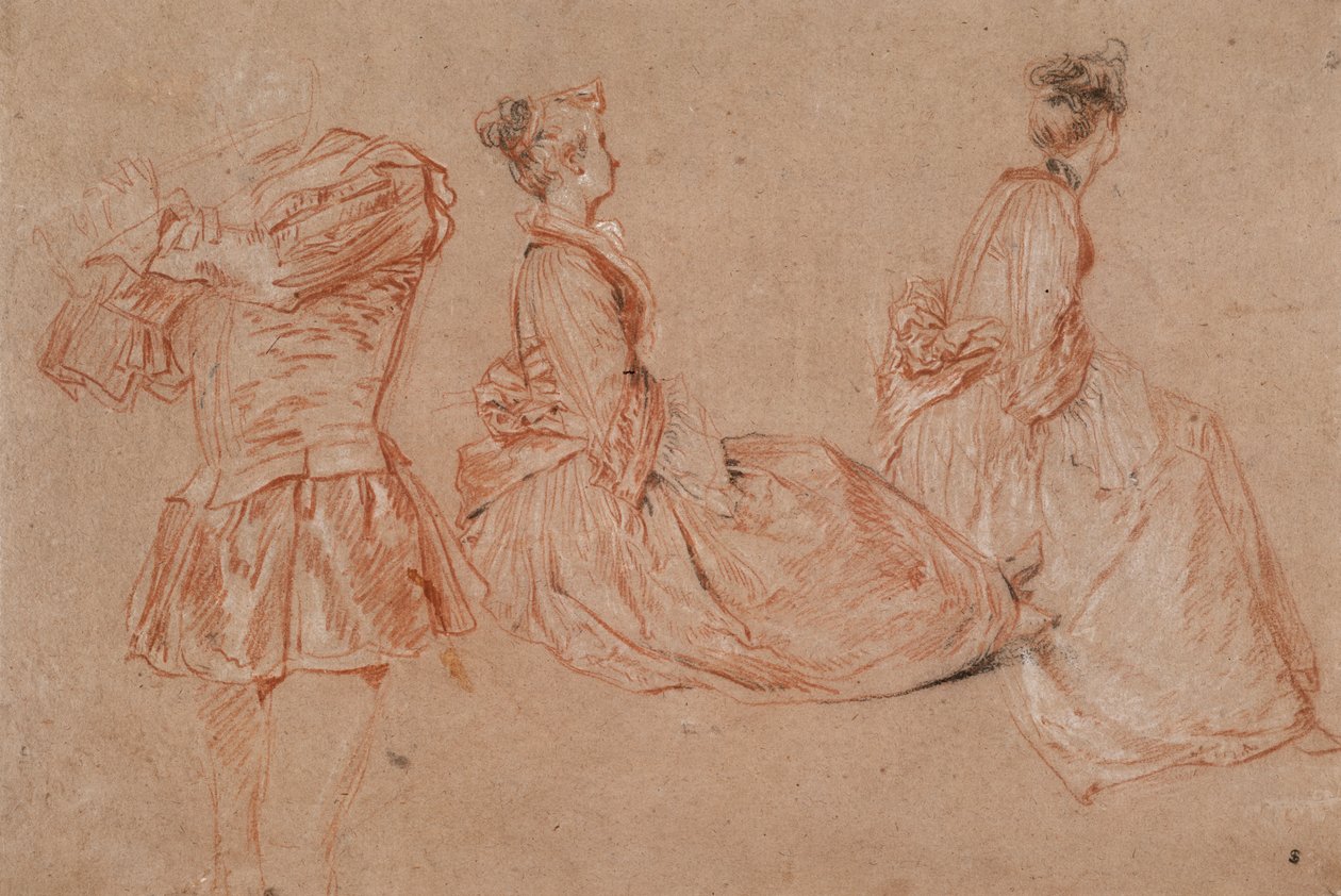 Studier av en flöjtspelare och två kvinnor, 1717 av Jean Antoine Watteau