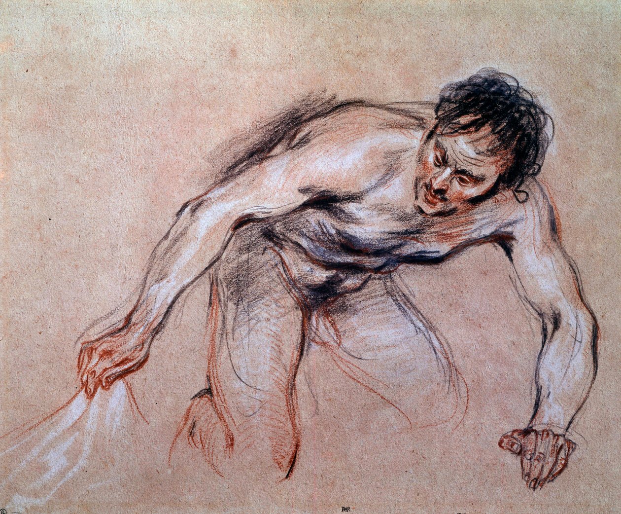 Studie av en naken man som knäböjer drar ett draperi Teckning a la sanguine av Jean Antoine Watteau (1684-1721) 1700-talets sön. 0,24x0,29 m Paris, Louvren av Jean Antoine Watteau