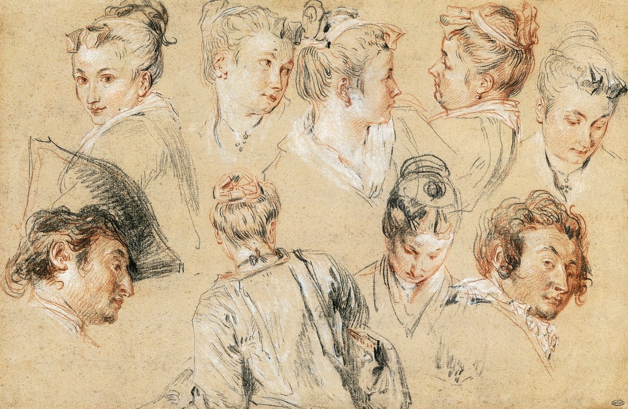 Studie av huvuden, av Jean-Antoine Watteau (1684-1721), teckning av Jean Antoine Watteau