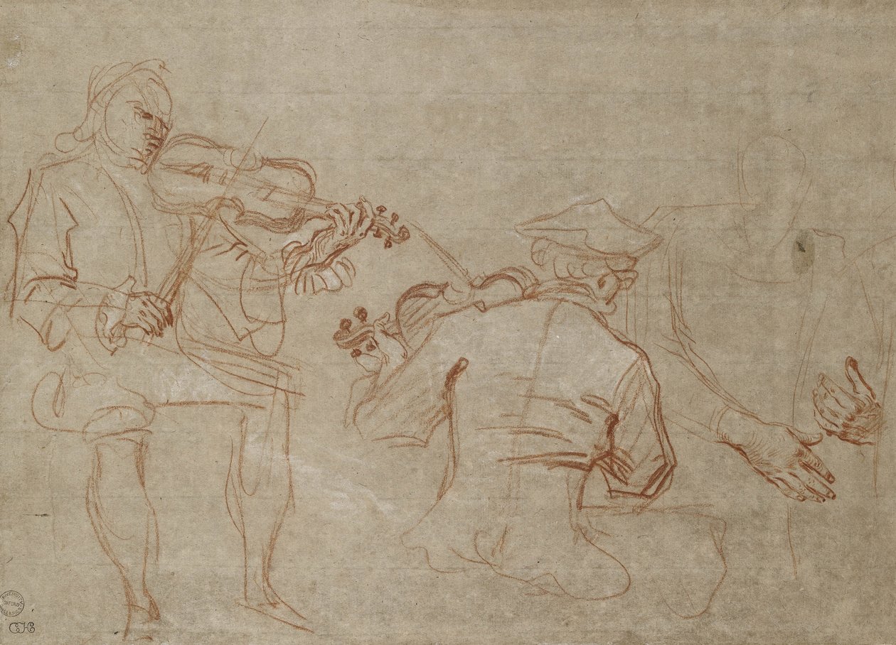 Studie av två violinister och ett par händer som håller en arm (röda och vita krita på papper) av Jean Antoine Watteau