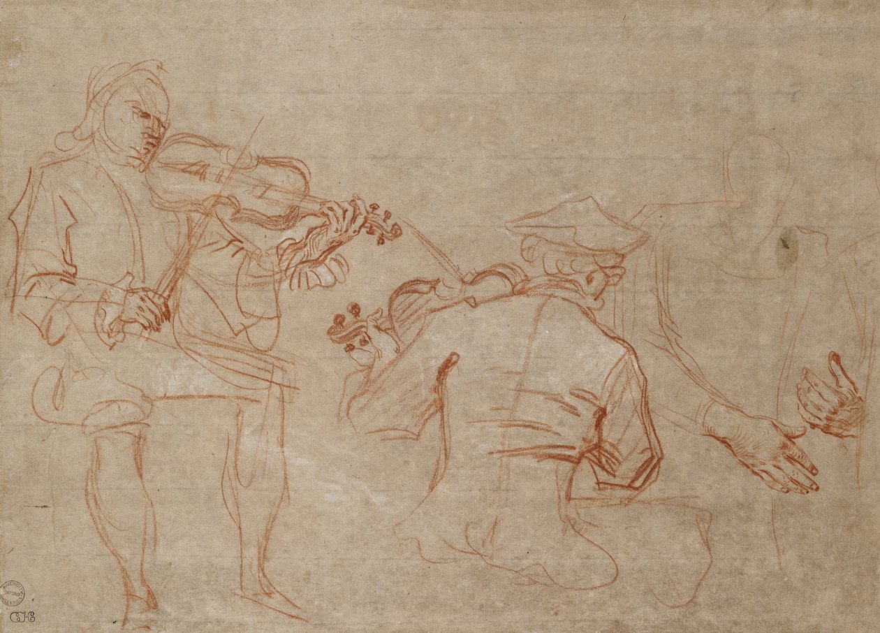 Studie av två violinister och ett par händer, som håller en arm, till höger, omkring 1716 av Jean Antoine Watteau