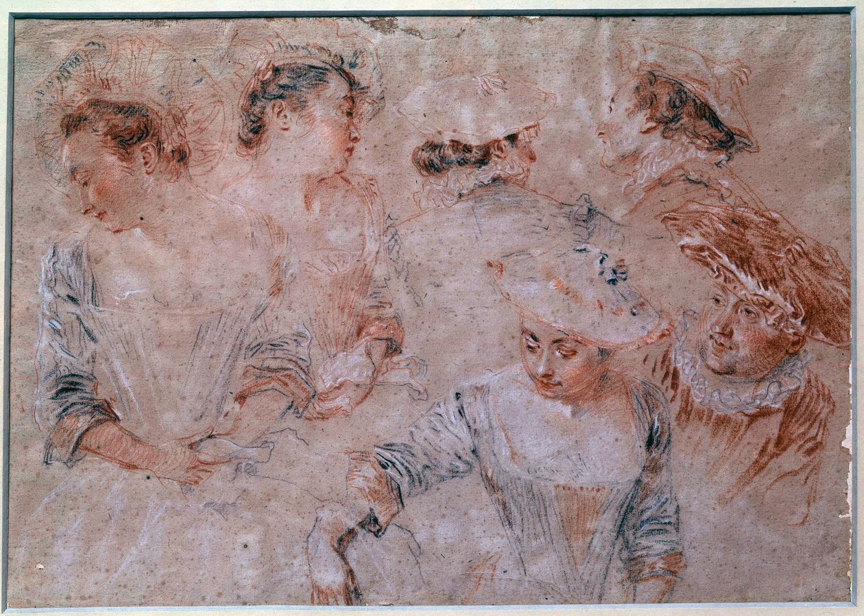 Studie av ung kvinna figurer. Detalj av halsen på kvinnor men också av män som följer med kvinnor. Blyertsteckning realiserad av Jean Antoine Watteau (1684-1721) 1700-talets Paris, Louvren av Jean Antoine Watteau
