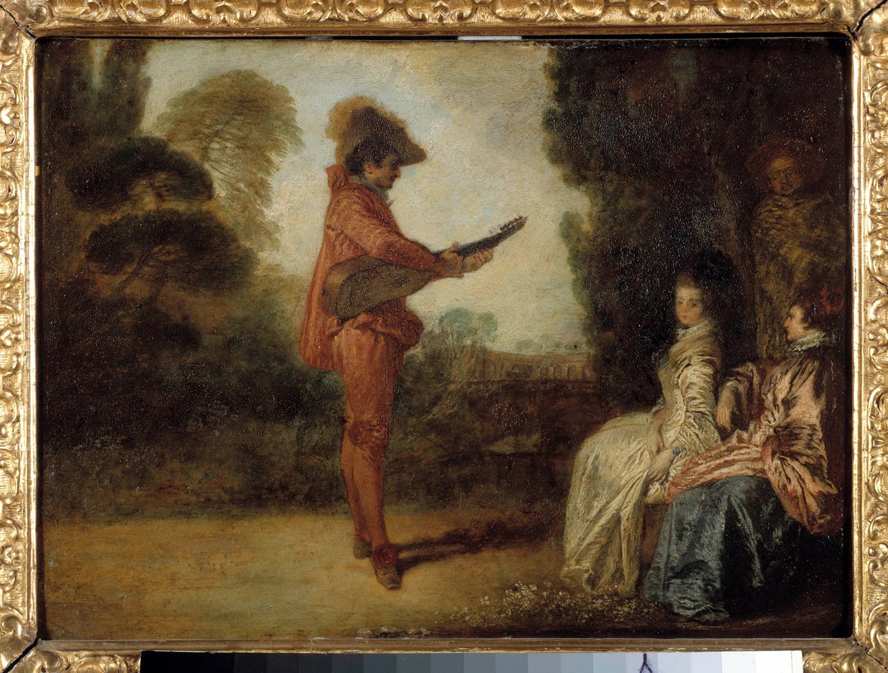 The Enchanting En ung musiker som förför två unga kvinnor med sin musik. Målning av Jean Antoine Watteau (1684-1721) av Jean Antoine Watteau