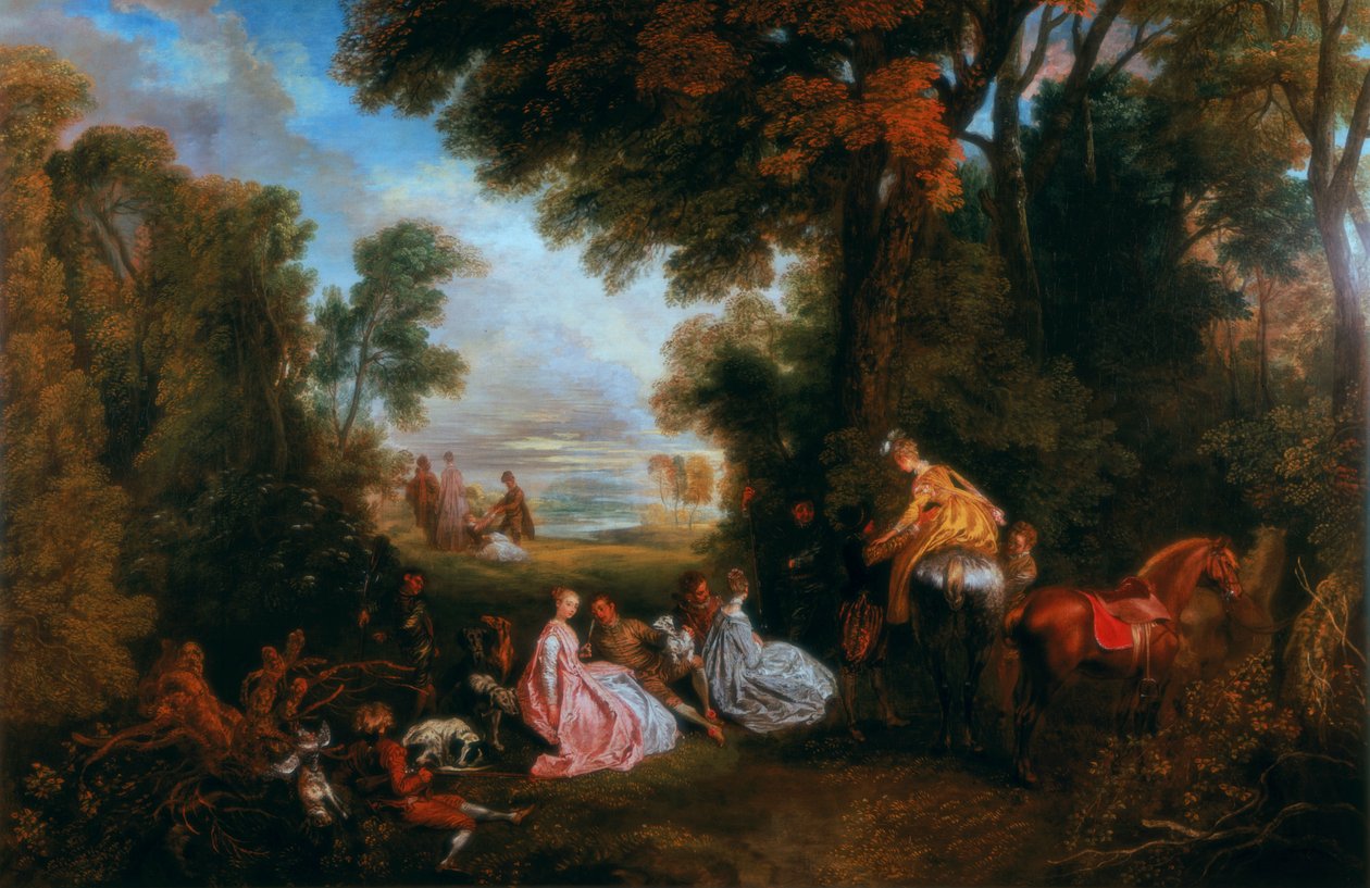 Stoppet under jakten, jaktmötet, 1717-1720. av Jean Antoine Watteau