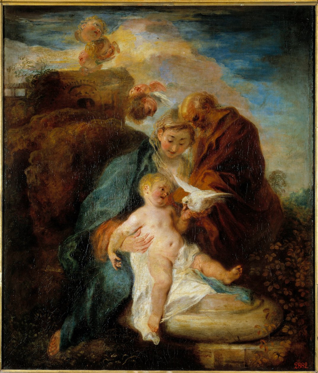 Den heliga familjen, resten under flykten till Egypten Målning av Jean Antoine Watteau (1684-1721) 1700-talets Sankt Petersburg, Hermitagemuseet av Jean Antoine Watteau