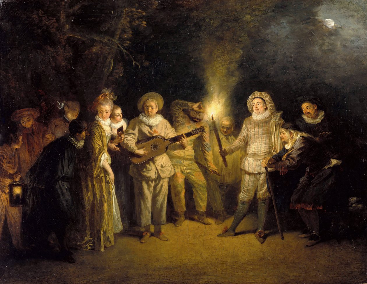 Den italienska komedin - Peinture de Jean Antoine (Jean-Antoine) Watteau (1684-1721), efter 1716 - Olja på duk, 37x48 - Staatliche Museen, Berlin av Jean Antoine Watteau