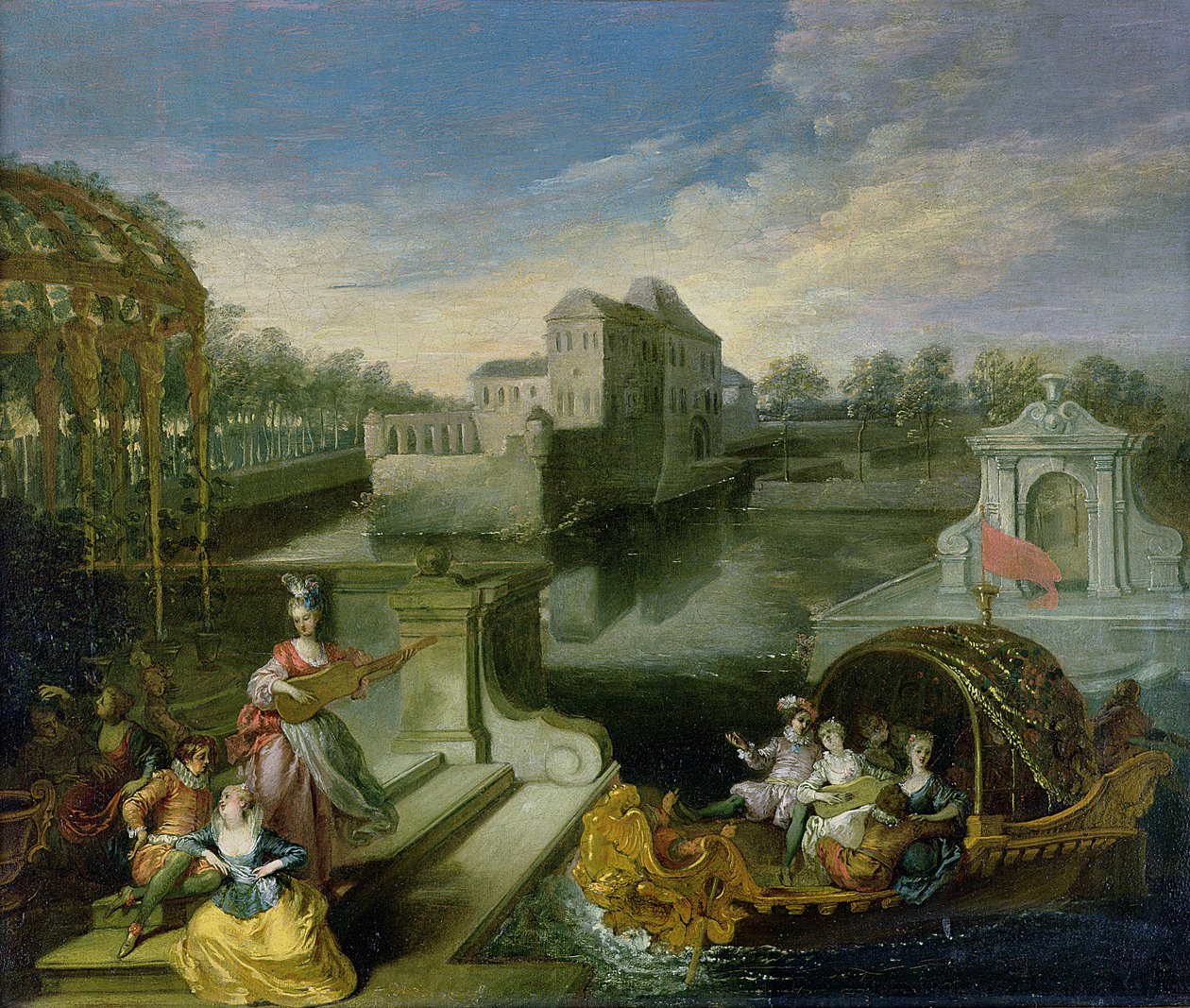 Våren: Fete Champetre i en vattenträdgård med figurer i en båt av Jean Antoine Watteau