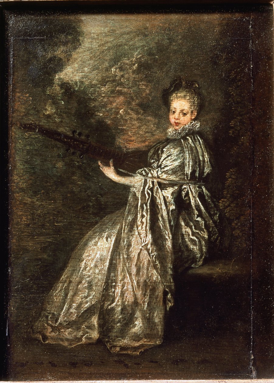 Finettetjejen spelar ett strängmusikinstrument - olja på duk av Jean Antoine Watteau