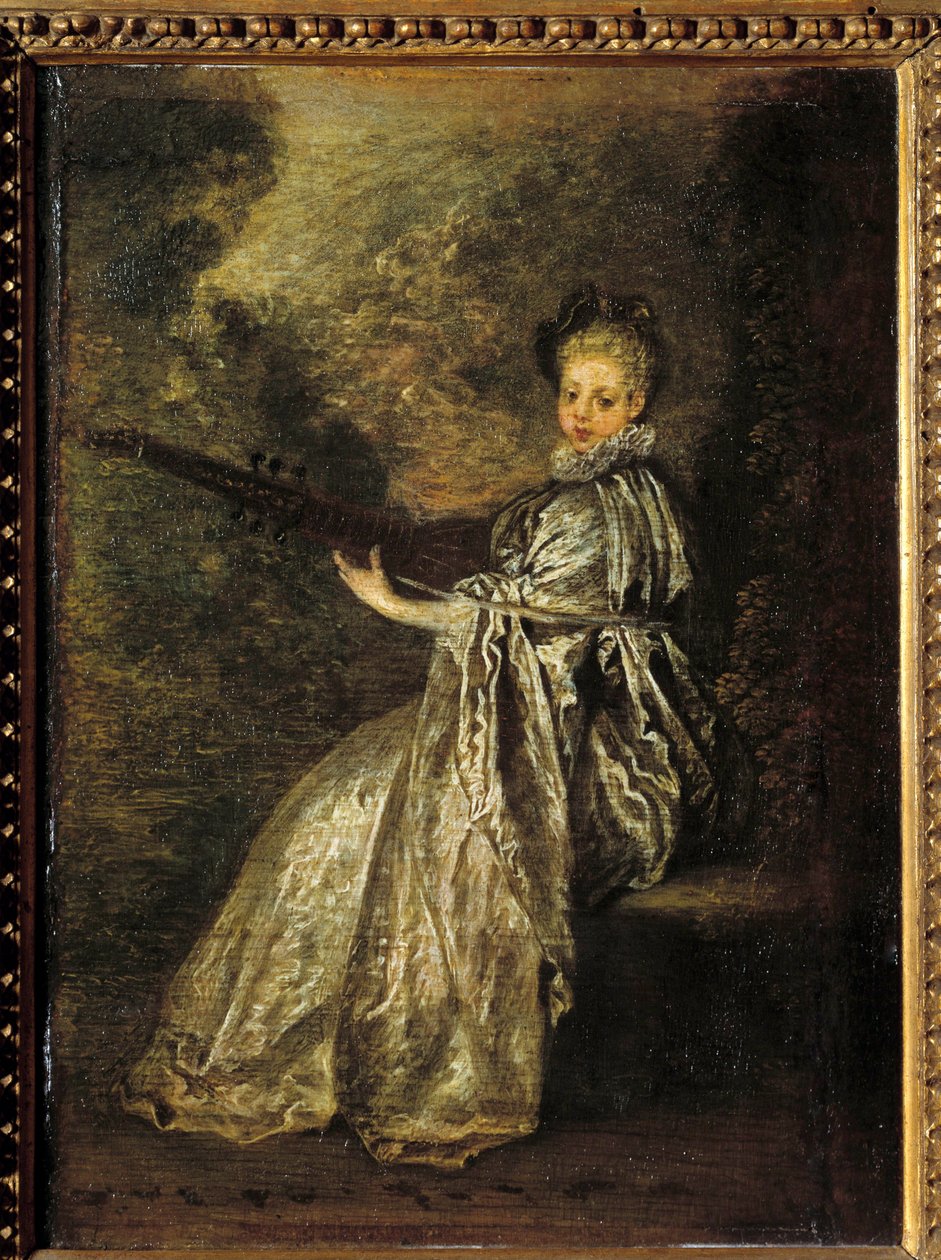 Finette tjejen spelar ett strängmusikinstrument. Målning av Jean Antoine Watteau (1684-1721) 1700-talets sön. 0,25x0,19 m av Jean Antoine Watteau